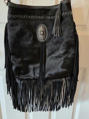 Idyllwind Black Suede Leather w/Faux Pony Hair Front Fringed Crossbody Bag Purse